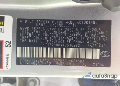 2019 Toyota Camry Hybrid Se из США, поврежденный, VIN 4T1B21HK4KU516982